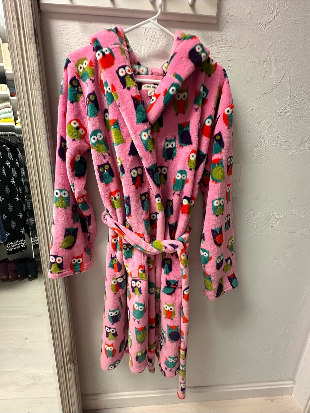 Girls' Pink Plush Hooded Robe with Colorful Owl Print